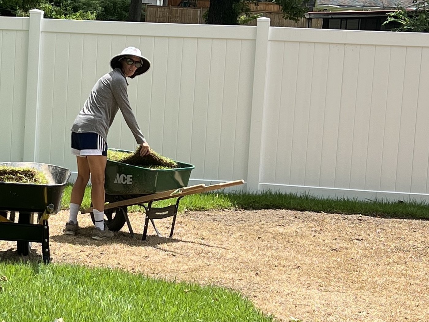 Colette moving a wheelbarrow of sod across a prepared bed of soil in a fenced back yard