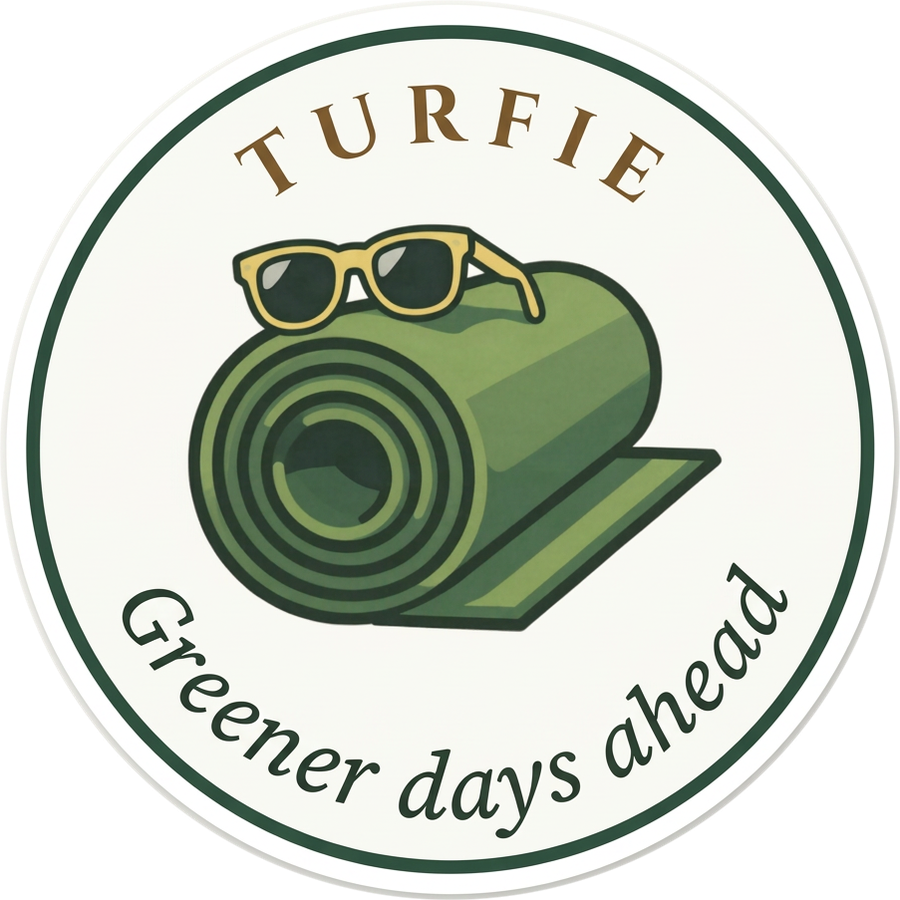 Turfie, the Turf is Cool mascot: a roll of sod wearing sunglasses, on a badge reading Greener days ahead